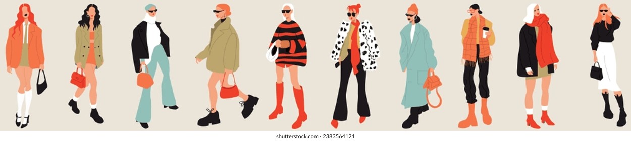 Group of fashionable women standing together, vector flat illustration. Stylish female characters in modern casual clothes, isolated on white. Beautiful girls in fashionable clothes. Autumn looks.