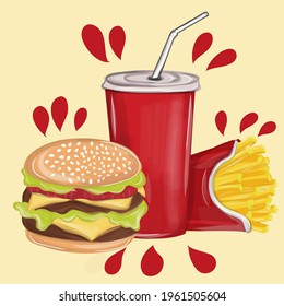 Group Of Fast Food Products. Cheese burger with grilled meat, french fries and soft drink cup. Hamburger. Vector illustration EPS10