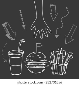 Group of fast food products with hand in cartoon design style,vector illustration on black chalkboard background with arrows