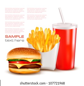 Group of fast food products. illustration.