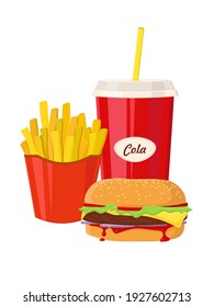 Group Of Fast Food Products. Fast food items-hamburger, fries, hotdog, drink