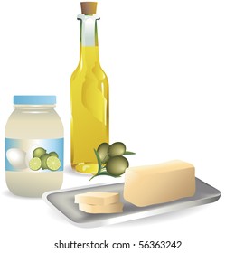 Group of fat products like mayonnaise, olive oil and slices butter