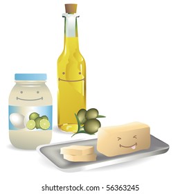 Group of fat products like mayonnaise, olive oil and slices butter with a happy faces