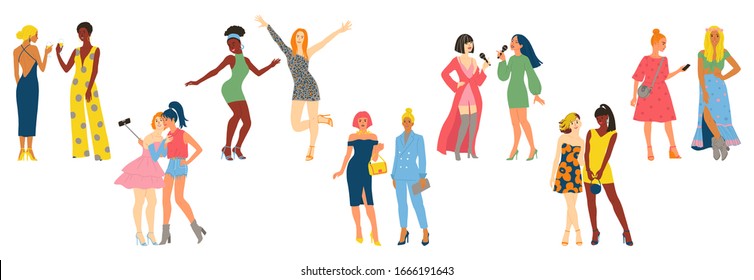 Group of female cartoon characters on the party. Dancing, chatting, drinking, singing, taking selfie women. Isolated flat vector illustration