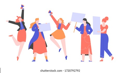 Group of female characters with bammers, placards and loudspeakers. Girls make a loud statement. Demonstration, protest and activism. Flat vector illustration.