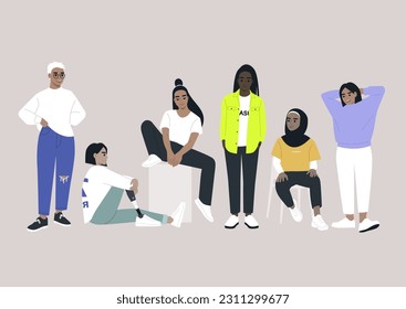 A group of female characters of different ethnicities, body type, skin color, a feminist concept