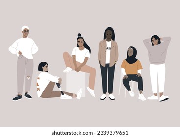 A group of female characters of different ethnicities, body type, skin color, a feminist concept