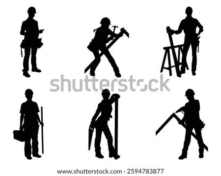 Group of Female Construction Worker Silhouette isolated white background. Vector Illustration