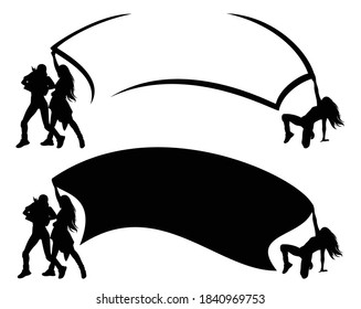 group of female dancers holding blank banner - contemporary street style dancing black and white vector silhouette design