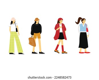 group of female with different styles flat cartoon characters isolated on white