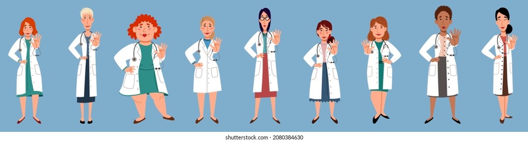 a group of female doctors of different shapes and nationalities in full growth.