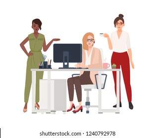 Group of female employees or managers at office - working on computer, drinking coffee, discussing work issues. Cartoon characters isolated on white background. Vector illustration in flat style.