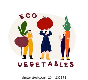 Group of female farmers with harvested vegetable. Flat vector illustration women holding big carrot, tomato, beetroot and text “eco vegetables”. Market of fresh farm products