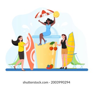 Group of female friends is having fun with coctails in the summer together. Friends having a summer party near glass of juice, fruit smoothie, drinking cold beverage. Flat cartoon vector illustration