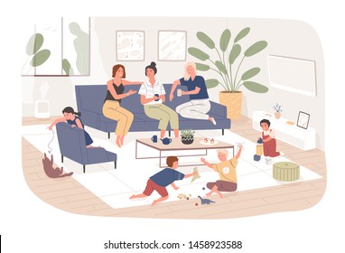 Group of female friends sit on comfy sofa, drink tea and chatter while their children play. Young mothers spending time together at home. Friendly meeting. Flat cartoon colorful vector illustration.