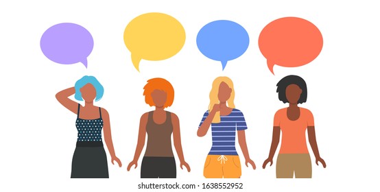 Group of female friends, union of feminists, sisterhood with Speech bubble. Vector template with for card, poster. Happy women together. Flat cartoon characters isolated on white background.