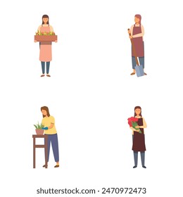 Group of female gardeners holding a diverse and sustainable collection of plants and gardening tools for horticulture and organic plant care. Including illustrations and a set of houseplants