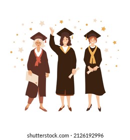 Group of female graduate students. Happy people holding certificates and diplomas. Women standing with graphic stars and dots on white background. Vector illustration, banner