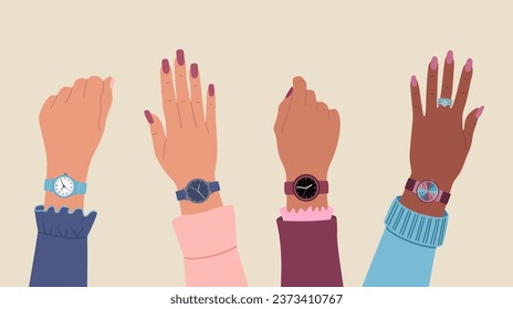 Grupo de manos femeninas con relojes de muñeca. Colección de relojes de moda. Ilustración vectorial dibujada a mano aislada en el fondo de la luz, estilo de caricatura plana.