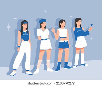 A group of female idols dressed in blue is standing in a cool pose. flat design style vector illustration.