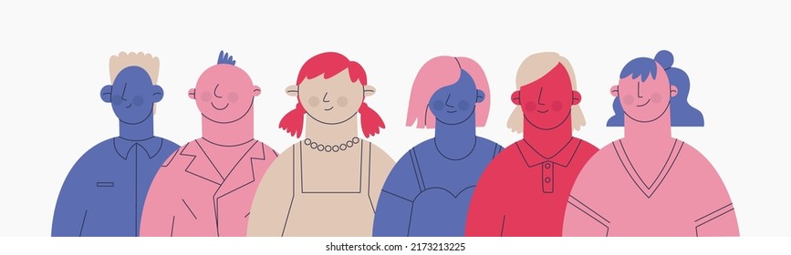 A group of female and male characters. Avatars of men and women. Design for social media banner. Vector hand drawing illustration isolated on white background.