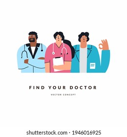 Group of female and male doctors on white background. Hand drawn medic staff characters with stethoscope and clipboard. Healthcare service or check up concept. Medical professional in uniform. 