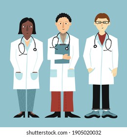 Group of female and male doctors in white coats. Young afro woman and caucasian men medicine workers with stethoscopes. Hand drawn set of people. Clinic work team. Trendy flat vector illustration