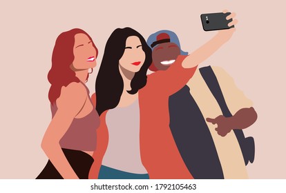 Group of female and male taking selfie together using smartphone camera. Friendship selfie. Girls and boy selfie. Group selfie. Wefie. Flat cartoon vector illustration