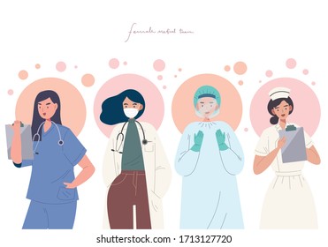 A Group Of Female Medical Staff, Flat Style Vector Illustration Of Woman In The Hospital. Concept Of Appreciate To Woman Paramedic. Ladies Who Work Hard As Men, Beautiful Doctor And Nurse.