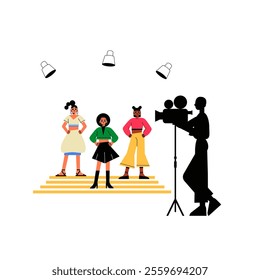 Group of Female Models Posing on Stage With Cameraman in Flat Vector Illustration Symbolizing Fashion Photography, Model Casting, and Professional Shooting, Isolated on White Background