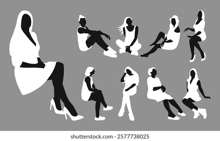 Group of female people, black body silhouette