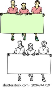 Group of female protester marching while holding blank banner signage across their torso. Hand drawn vector illustration.
