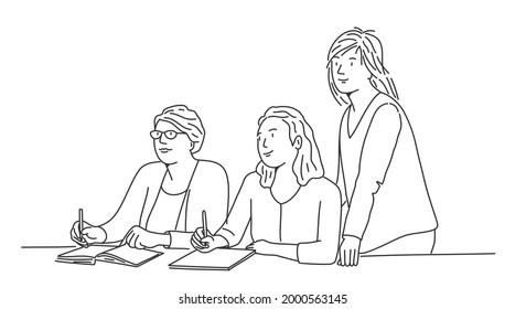 Group of female students listen to the lecture attentively, studying process concept. Hand drawn vector illustration.
