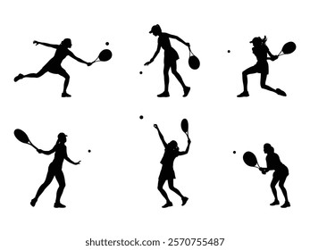 Group of Female Tennis Player Silhouette isolated white background. Vector Illustration