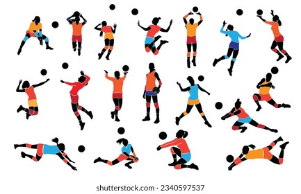 Group of female volleyball players silhouette set vector isolated team sports and beach volleyball