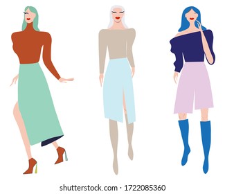 Group of females street style characters collection. Girls models set: female with long skirt ang high heels, knee high skirt and high boots. Happy people flat style vector illustration.