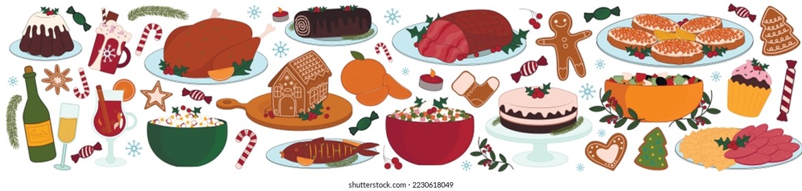 Group of festive dishes for Christmas dinner on white background