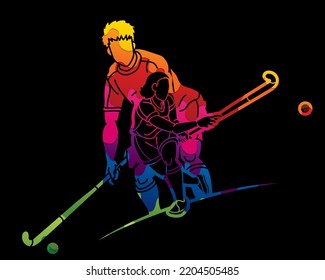 Group of Field Hockey Sport Male and Female Players Action Together Cartoon Graphic Vector