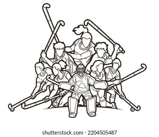 Group of Field Hockey Sport Male and Female Players Action Together Cartoon Graphic Vector