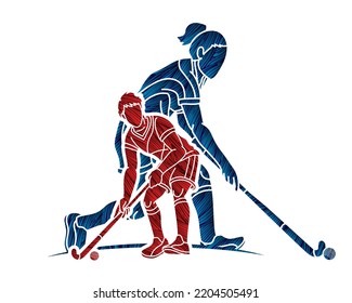 Group of Field Hockey Sport Male and Female Players Action Together Cartoon Graphic Vector