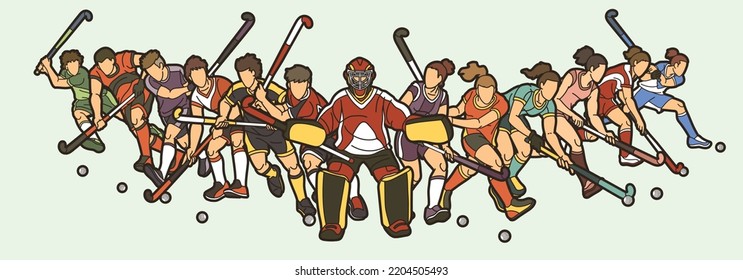 Group of Field Hockey Sport Male and Female Players Action Together Cartoon Graphic Vector