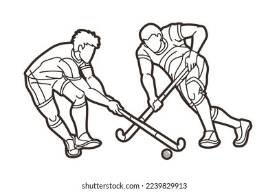 Group of Field Hockey Sport Male Players Mix Action Cartoon Graphic Vector