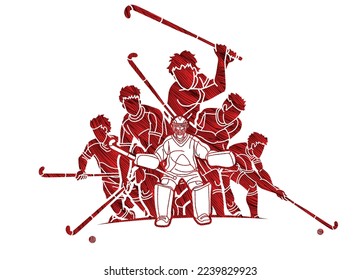 Group of Field Hockey Sport Male Players Mix Action Cartoon Graphic Vector