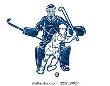 Group of Field Hockey Sport Male Players Mix Action Cartoon Graphic Vector