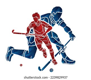 Group of Field Hockey Sport Male Players Mix Action Cartoon Graphic Vector