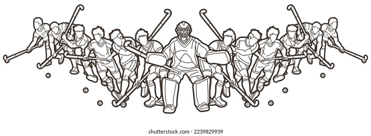 Group of Field Hockey Sport Male Players Mix Action Cartoon Graphic Vector