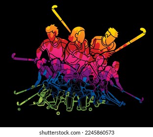 Group of Field Hockey Sport Male an Female Players Mix Action Cartoon Graphic Vector