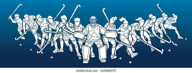 Group of Field Hockey Sport Male an Female Players Mix Action Cartoon Graphic Vector