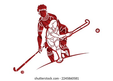 Group of Field Hockey Sport Male an Female Players Mix Action Cartoon Graphic Vector