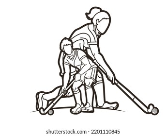 Group of Field Hockey Sport Man and Woman Players Action Cartoon Graphic Vector